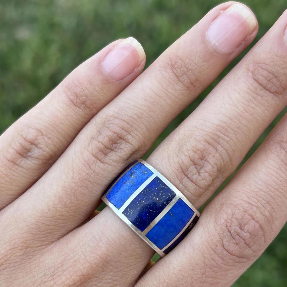 Lapis and Denim Lapis Inlay Ring in 925 Sterling Silver by Peyote Bird Size 7.5